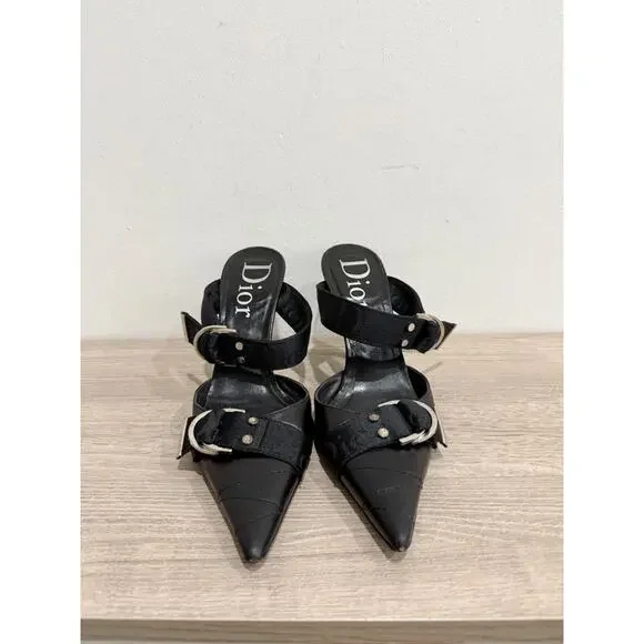 Vintage Christian Dior Leather Pointed-Toe Mules with Buckle Straps Black EU 38 - Picture 2 of 7